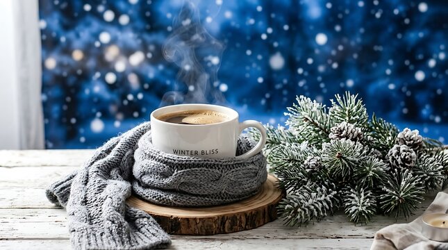 Warm cup of coffee wrapped in a cozy knit scarf with evergreen branches