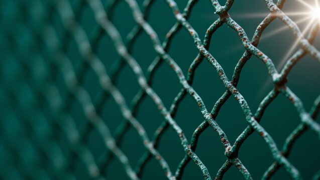 Weathered green chain link fence showing rusted texture and diagonal pattern with bright sun flare
