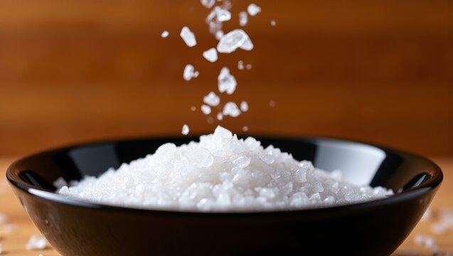 Coarse sea salt crystals falling into a black bowl, seasoning food, adding flavor and essential minerals
