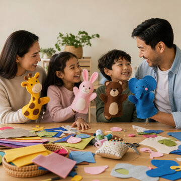 Family crafting with colorful animal puppets and paper shapes, sharing joyful creativity at home table with warm connection and laughter