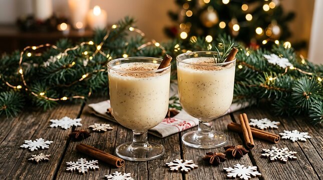 Two glasses of eggnog with cinnamon sticks and snowflake decorations