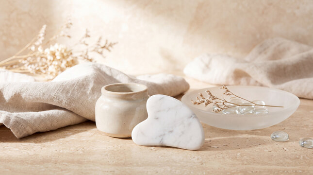 Minimal spa still life with marble gua sha and linen
