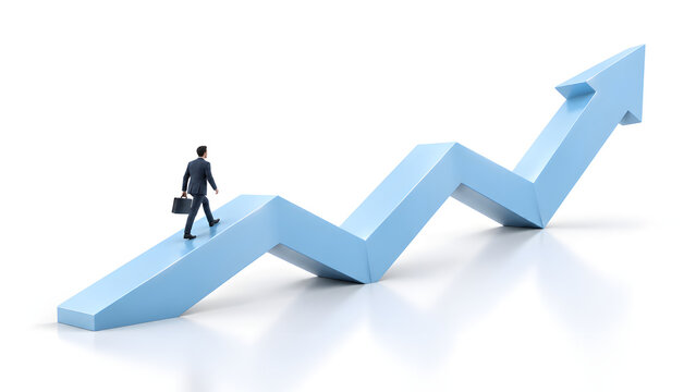 Businessman in a suit walking up a blue zigzag arrow pointing upwards symbolizing business growth, career success, and financial progress