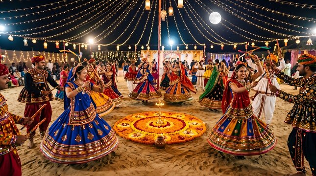 Indian Dancers Performing Traditional Garba Under a Full Moon on Navratri Night