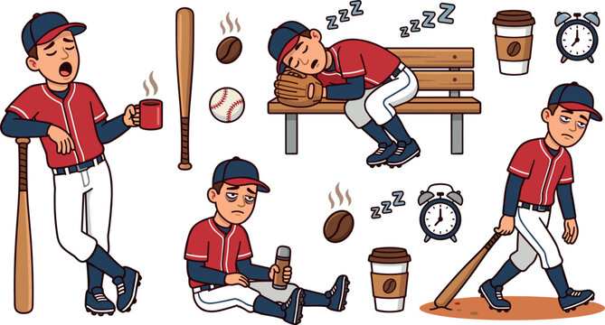 Tired Baseball Player Character Cartoon Set with Sleepy Athletes, Coffee Mugs, Alarm Clocks, and Bench Elements for Sports Humor Graphic Designs