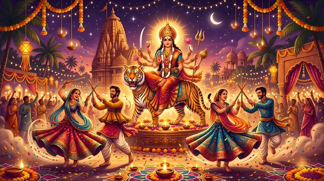 Shubh Navratri Indian Festival Greeting Banner Vector Illustration with Women Dancing Garba Around Diya Lamp and Temple Background