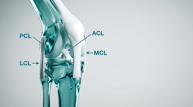 Medical illustration of human knee joint anatomy highlighting ligaments including acl pcl mcl and lcl