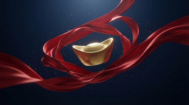 Golden sycee ingot floats amidst swirling red ribbons and particles