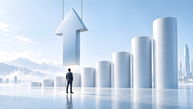 Successful businessman watching financial bar chart growth with large upward arrow in futuristic city landscape representing economic progress
