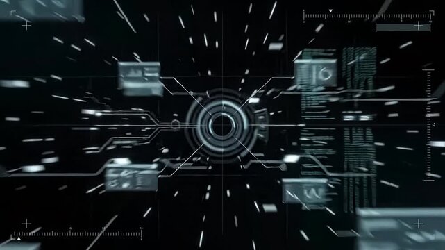 Futuristic HUD Interface Displaying Rotating 3D Wireframe Cube and Digital Data Analytics on Black Background