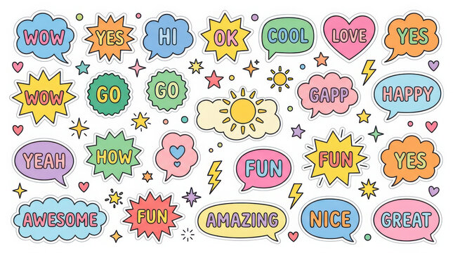 Colorful comic speech bubbles and text stickers with words wow, yes, hi, ok, generated using ai