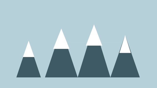 Four snow capped dark teal mountain peaks in a row on a light blue gray background, flat winter mountain animation
