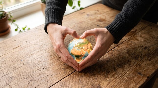 Hands forming heart shape around small globe, caring for planet Earth, environmental protection, sustainability, conservation, ecology awareness, love for nature, global responsibility concept.,