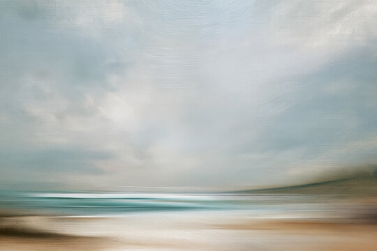 Fine Art. Abstract oil painting depicting a peaceful seascape with a blurred horizon, calm ocean, and serene beach, evoking tranquility