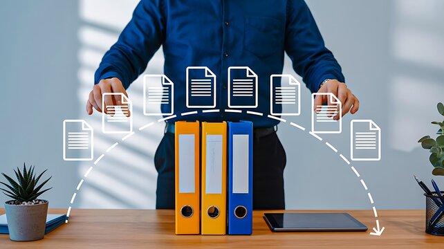 Digital document management concept with business files, folders and automated workflow