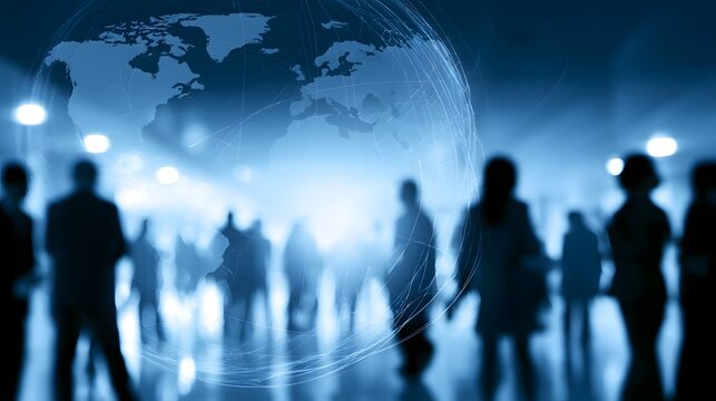 Silhouettes of people in a modern global business environment with a glowing digital globe in the background
