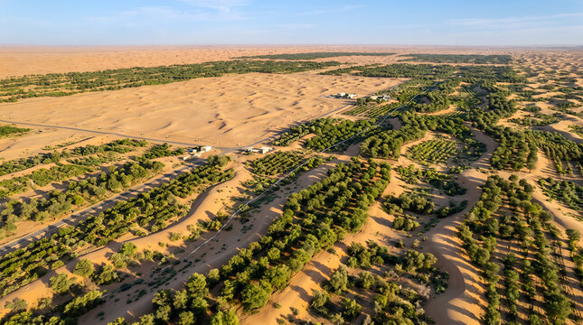 Aerial view of desert afforestation, showing large-scale tree planting and irrigation in a sandy landscape as a concept for environmental restoration in 2026.