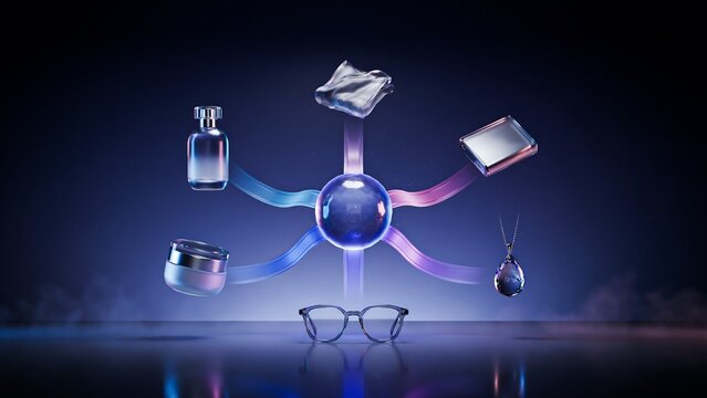 A central glowing blue sphere connected to various beauty and fashion including a perfume bottle, cream jar, glasses, and jewelry by light