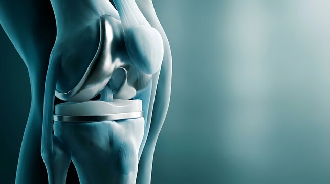 Medical illustration of a total knee replacement surgery orthopedic implant