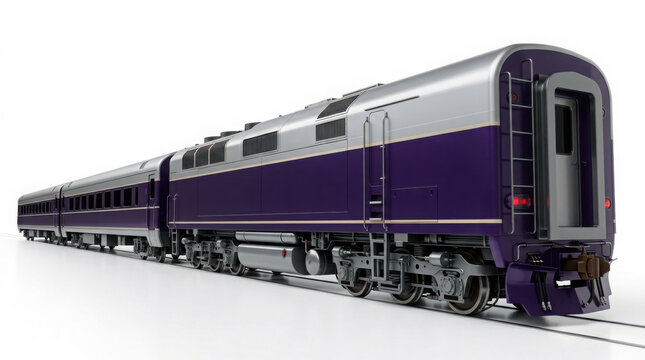Purple and silver passenger train cars on railway tracks against a clean generated using ai