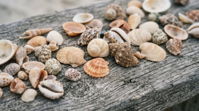 An assortment of varied seashells and marine life rests upon a rough textured gray stone surface outside