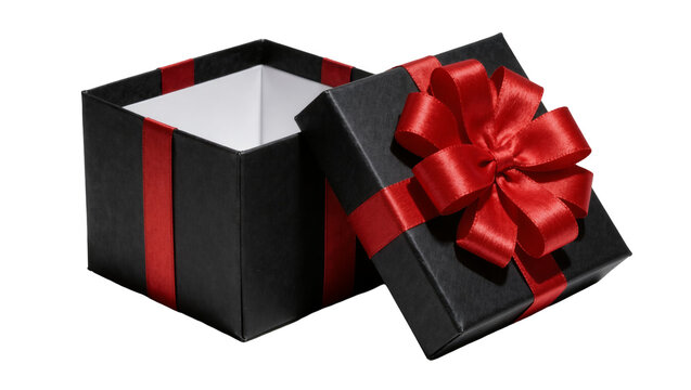 Black gift box with red ribbon and bow open and empty, isolated on transparent background