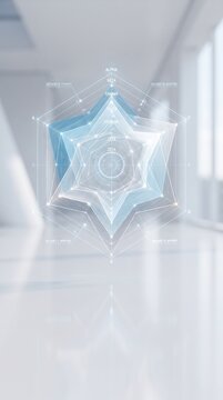 3D holographic radar spider chart visualizing multi-dimensional dataset analytics in clean modern corporate interior for business intelligence concepts