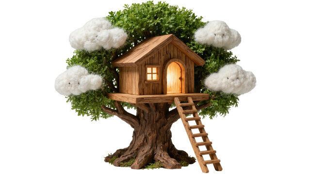 Wooden treehouse with glowing window and ladder surrounded by green foliage and fluffy clouds, isolated on transparent background