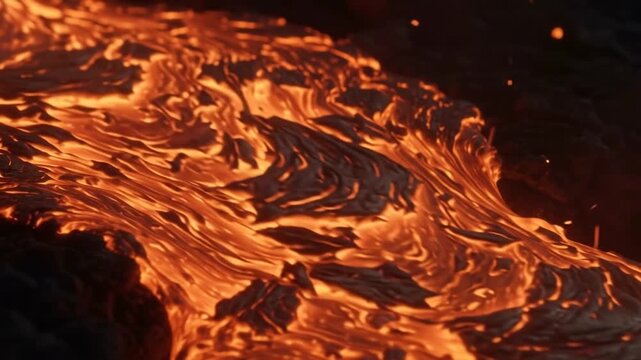 Glowing molten lava flow moving across black volcanic ground, extreme close-up of magma texture isolated on solid background