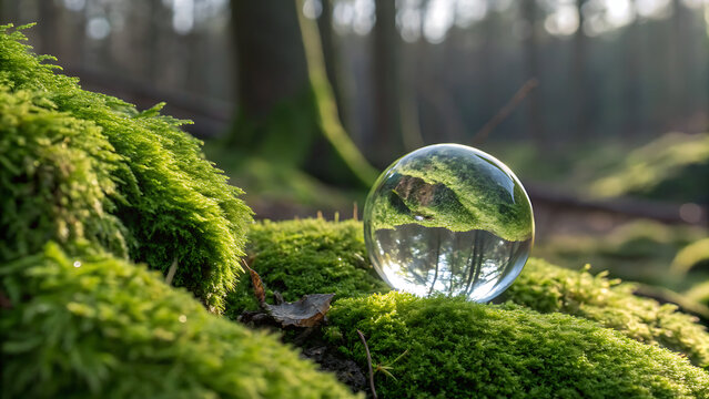 Clear Crystal Ball Reflecting Lush Green Moss and Forest Trees in Natural Sunlight