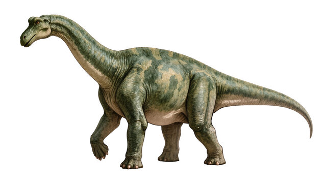 Green and beige patterned sauropod dinosaur with long neck, isolated on transparent background