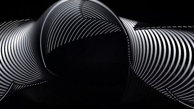 Abstract 3d digital art featuring flowing metallic curved lines and geometric patterns on a black background