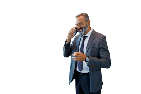 Mature businessman communicating on mobile phone, transparent background