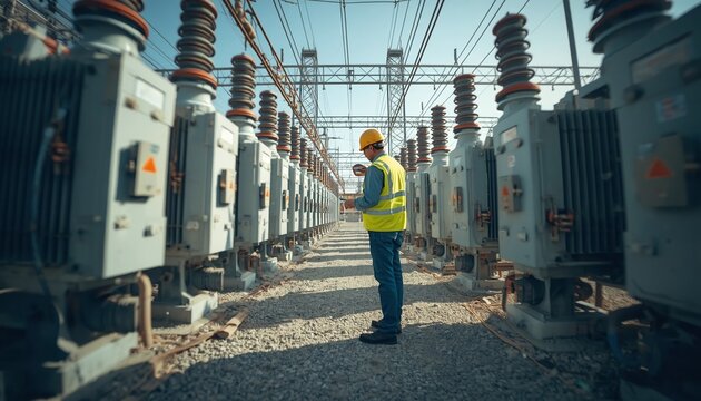 Electrical Engineer Inspecting High-Voltage Circuit Breakers in Power Substation