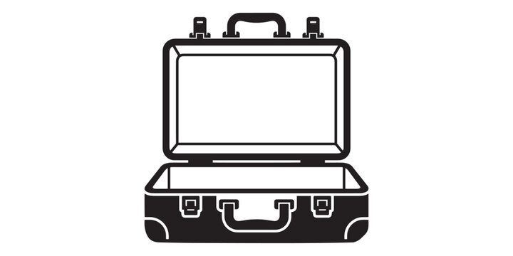 Black and white vector illustration of an open briefcase
