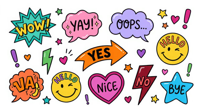 Comic speech bubbles stickers set with words wow, yay, oops, yes, hello, and no generated using ai