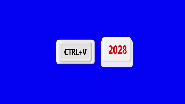3 d keyboard keys pressing CTRL+V and 2028 text animation on blue screen for copy paste future concept and digital planning.