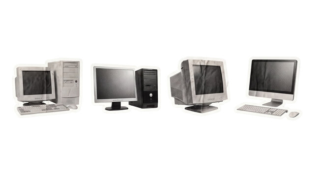 desktop computer , newspaper collage cutout set PNG