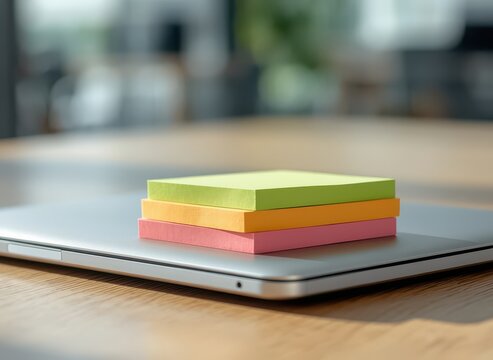 Stack of colorful sticky notes on a closed laptop on a wooden table in a modern office setting