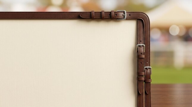 Cream paper sheet framed by brown leather straps with metal buckles