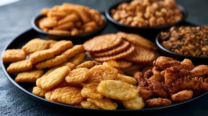 Fototapeta premium A variety of golden brown fried snacks arranged on a black plate with small bowls of assorted crunchy treats