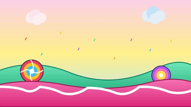 Abstract colorful landscape background with rainbow circles and soft pastel sky.