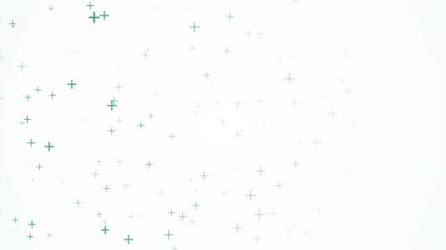 Abstract clean white background with floating mint green plus shapes. This seamless motion graphic loop is perfect for medical, science or minimal technology video designs.