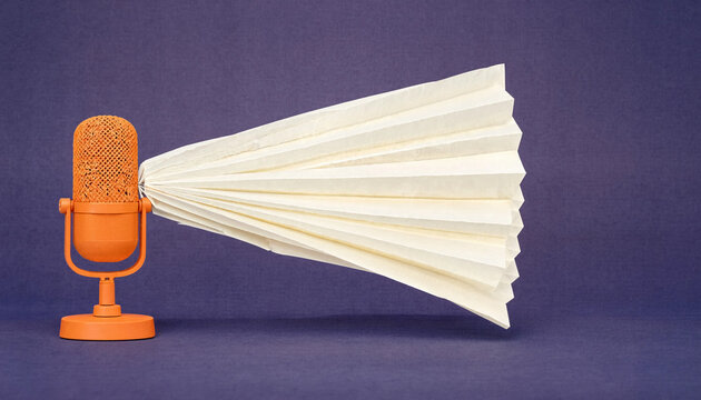 Orange microphone attached to a folded paper megaphone against a purple background, combining audio recording and voice amplification concepts.