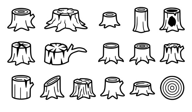 Tree Stump Icon Set, Minimal Woodland and Forestry Vector Symbols