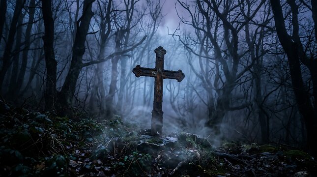 Old Cemetery Cross in Dark Misty Forest Halloween Background
