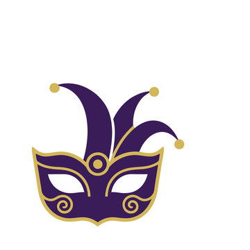Purple and gold jester mask with bells