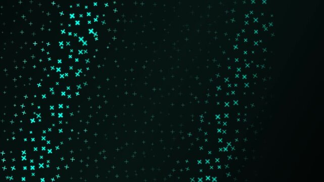 Abstract dark cyber matrix background with glowing cyan cross shapes flowing. This seamless digital motion graphic loop is perfect for modern technology or hacking video designs.