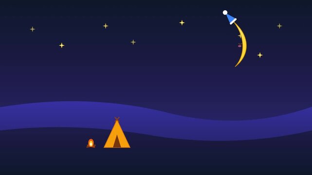 Minimalist vector illustration of a camping tent under a starry night sky with a crescent moon.