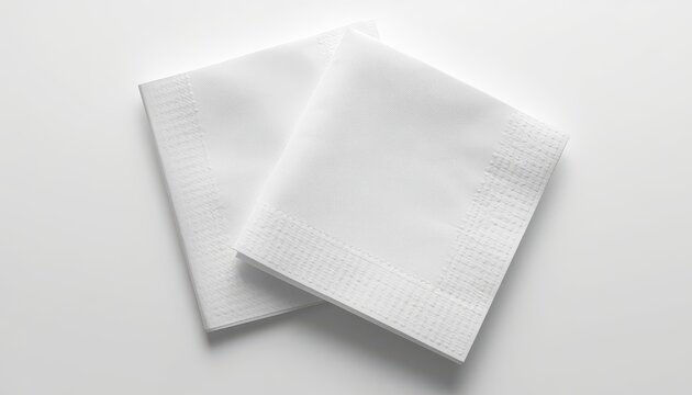 Two clean white paper napkins folded and stacked isolated on white background